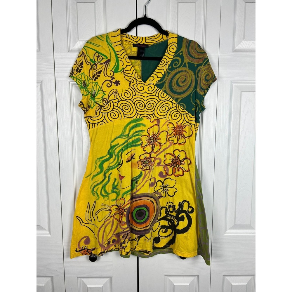 Adore Artsy Embellished Tunic Top Boho Y2K‎ Whimsigoth Yellow Green Cotton Small - Picture 2 of 8